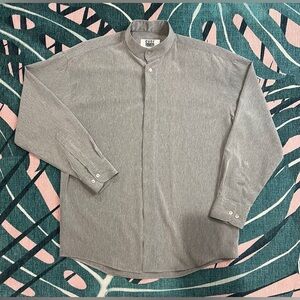 Vintage City Streets Banded Collar Sleek Silver Metallic Long Sleeve Button Up